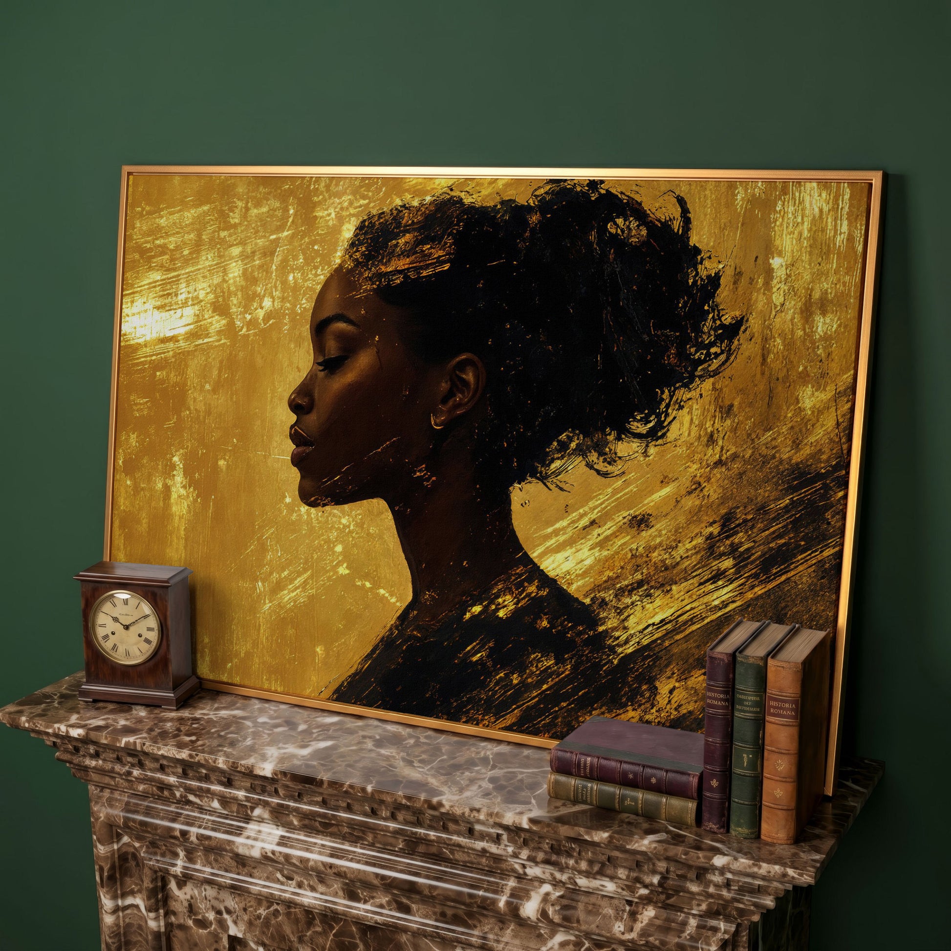 Black Woman Profile Canvas Print with Gold Accents in antique gold floating frame