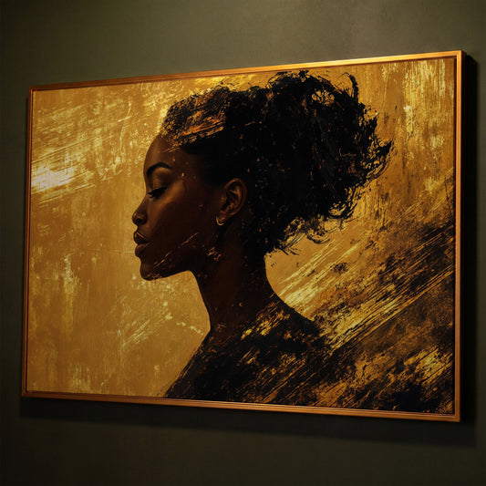 Black Woman Profile Canvas Print with Gold Accents shown in antique gold floating frame