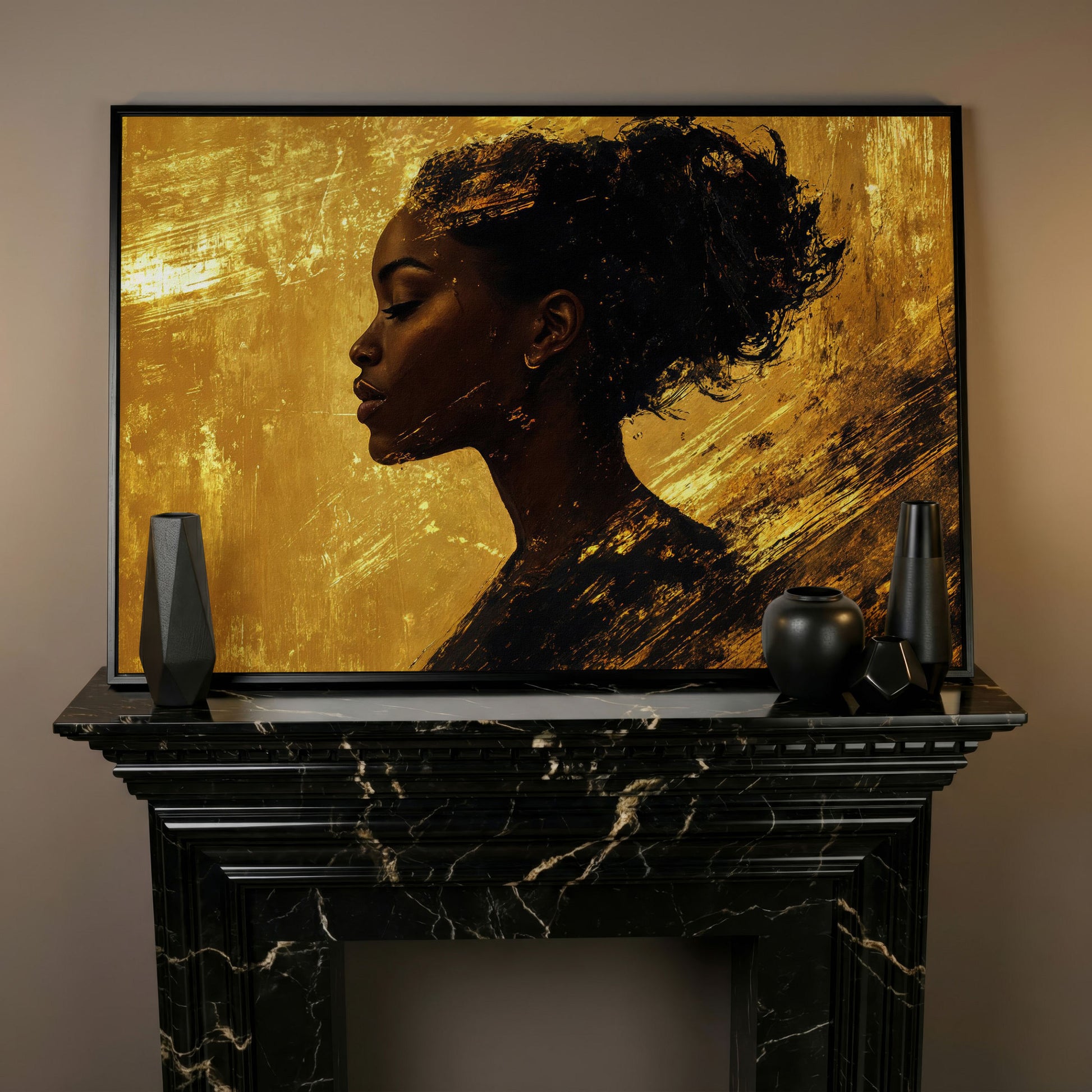 Black Woman Profile Canvas Print with Gold Accents in black floating frame
