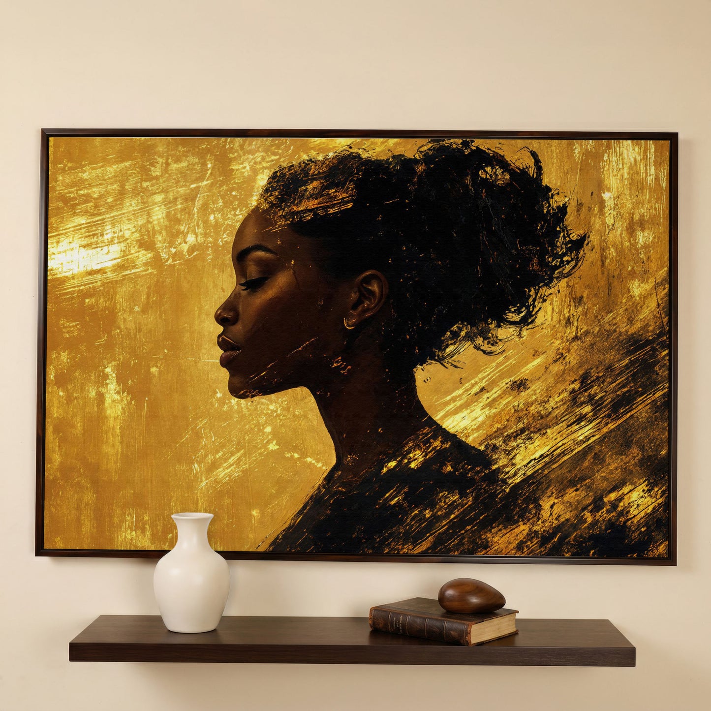 Black Woman Profile Canvas Print with Gold Accents in dark walnut floating frame