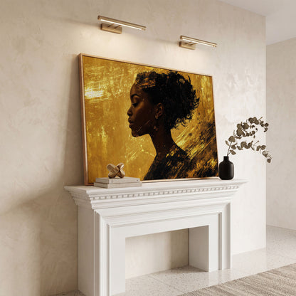 Black Woman Profile Canvas Print with Gold Accents in white oak floating frame