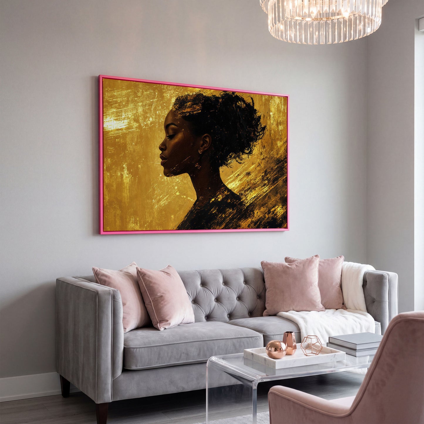 Black Woman Profile Canvas Print with Gold Accents in pink floating frame