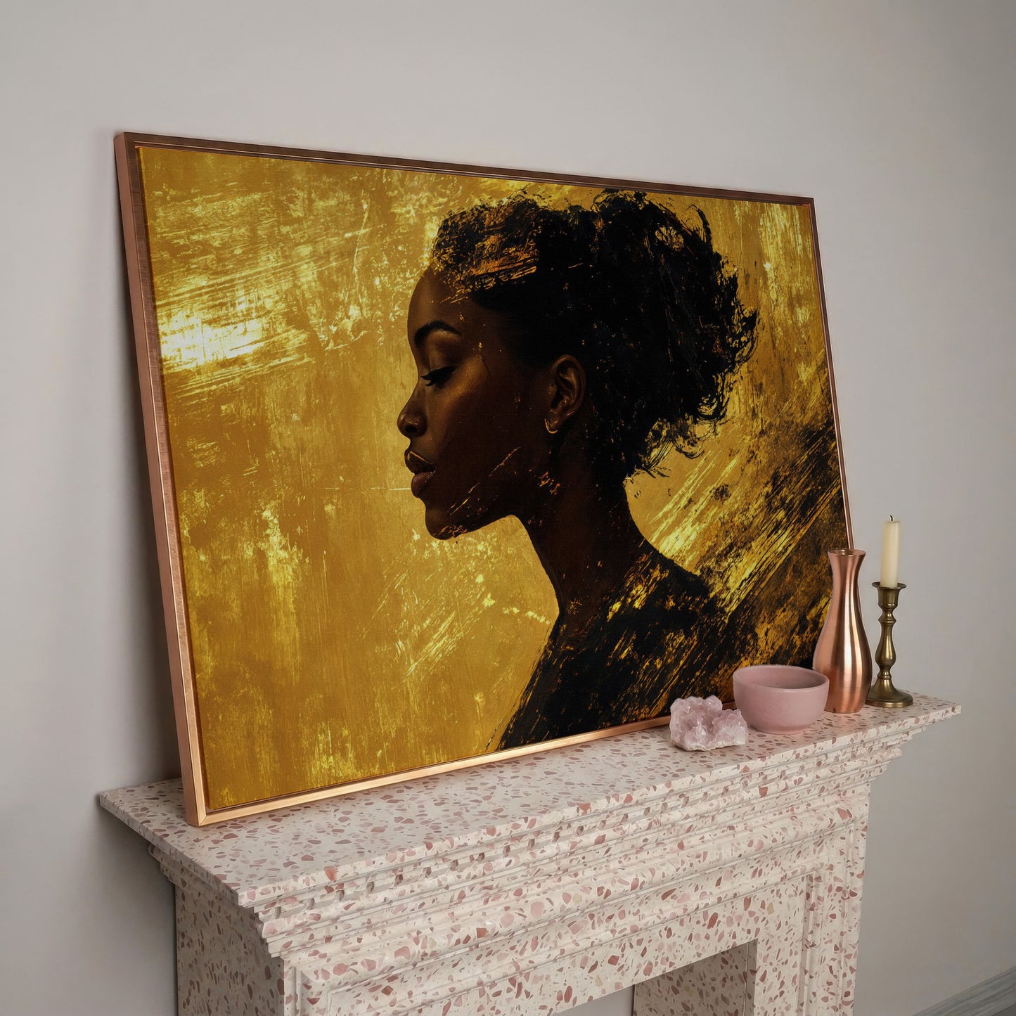 Black Woman Profile Canvas Print with Gold Accents in rose gold floating frame