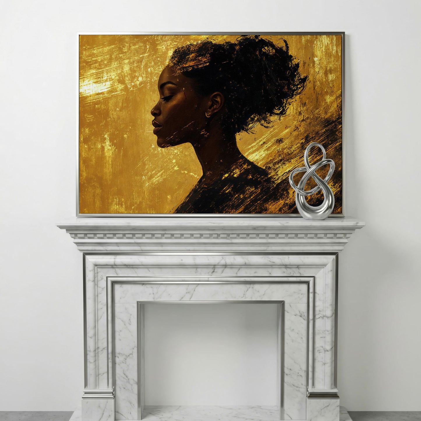 Black Woman Profile Canvas Print with Gold Accents in silver floating frame