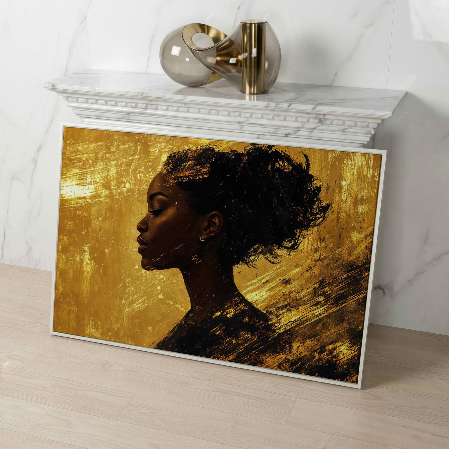 Black Woman Profile Canvas Print with Gold Accents in white floating frame