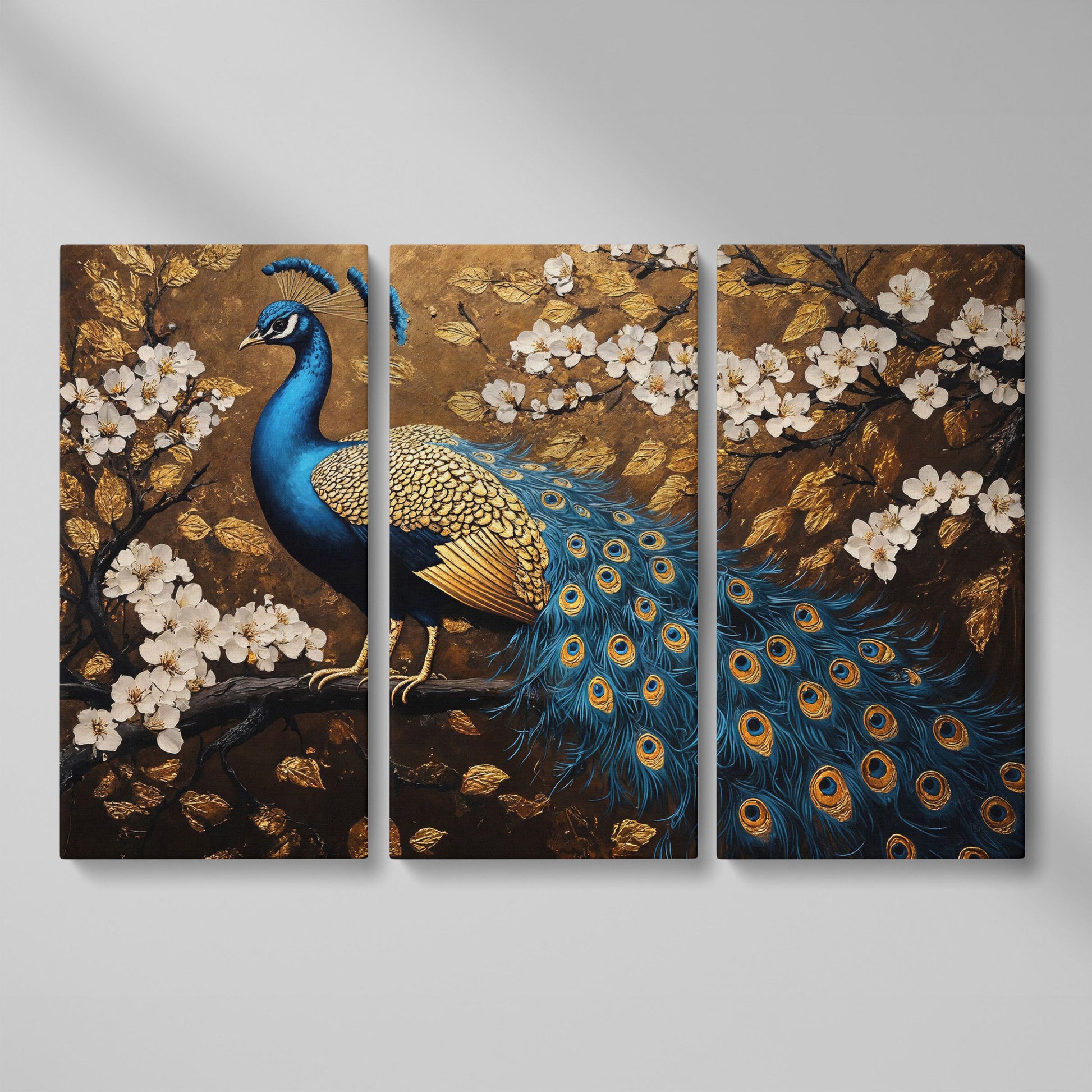 Peacock on Branch with Cherry Blossoms Canvas as 3-panel split version