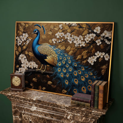 Peacock on Branch with Cherry Blossoms Canvas in antique gold floating frame