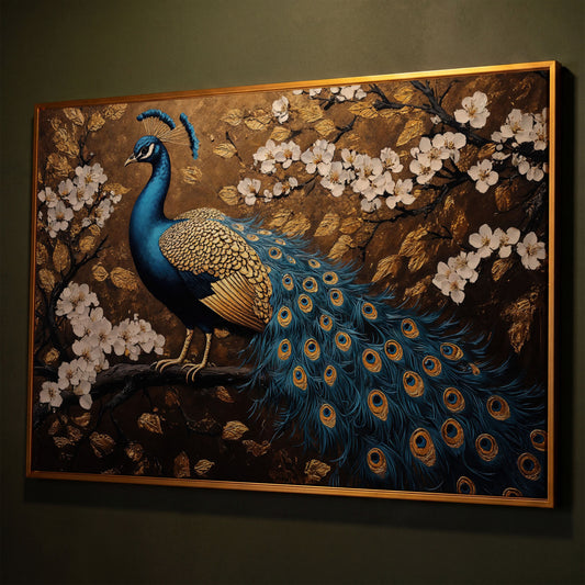 Peacock on Branch with Cherry Blossoms Canvas shown in antique gold floating frame