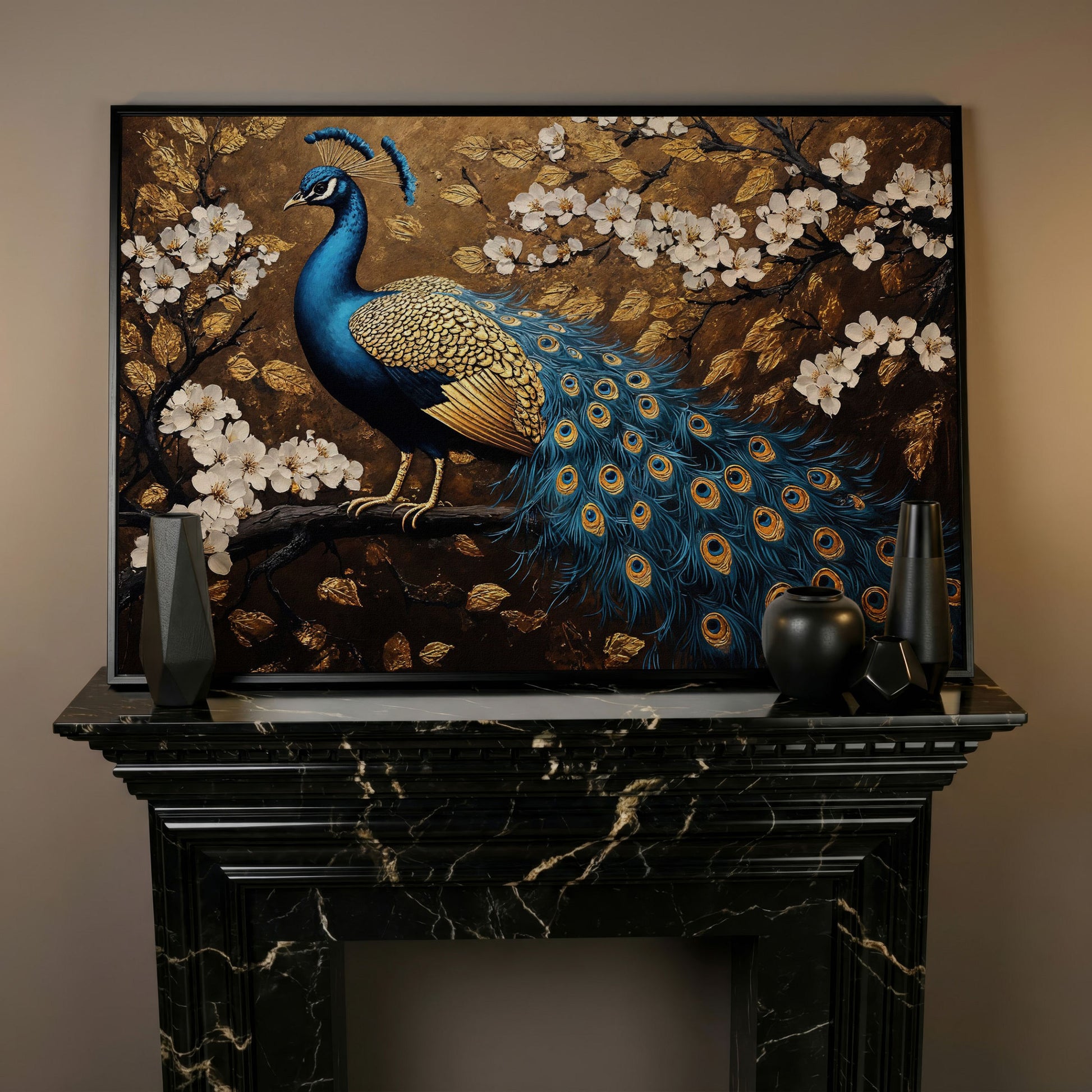 Peacock on Branch with Cherry Blossoms Canvas in black floating frame