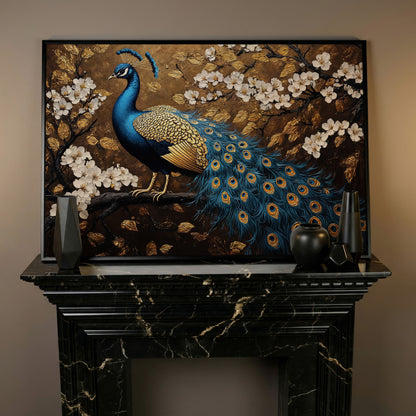 Peacock on Branch with Cherry Blossoms Canvas in black floating frame