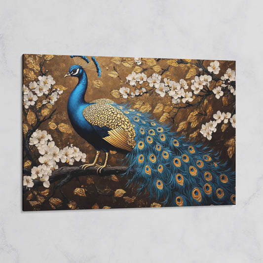 Peacock on Branch with Cherry Blossoms Canvas on gallery wrap