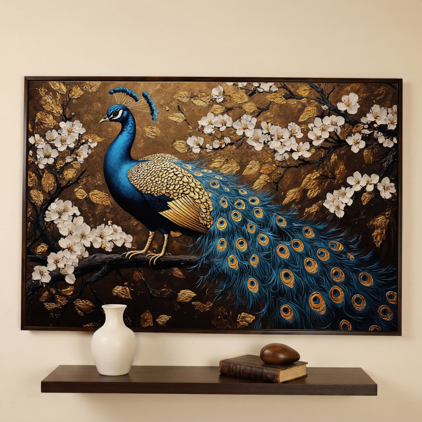 Peacock on Branch with Cherry Blossoms Canvas in dark walnut floating frame