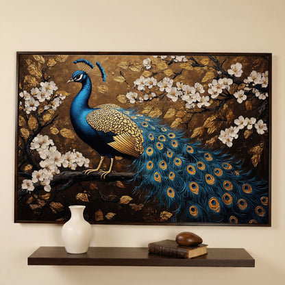 Peacock on Branch with Cherry Blossoms Canvas in dark walnut floating frame