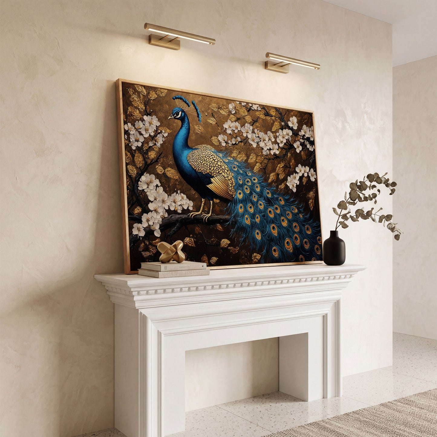 Peacock on Branch with Cherry Blossoms Canvas in white oak floating frame