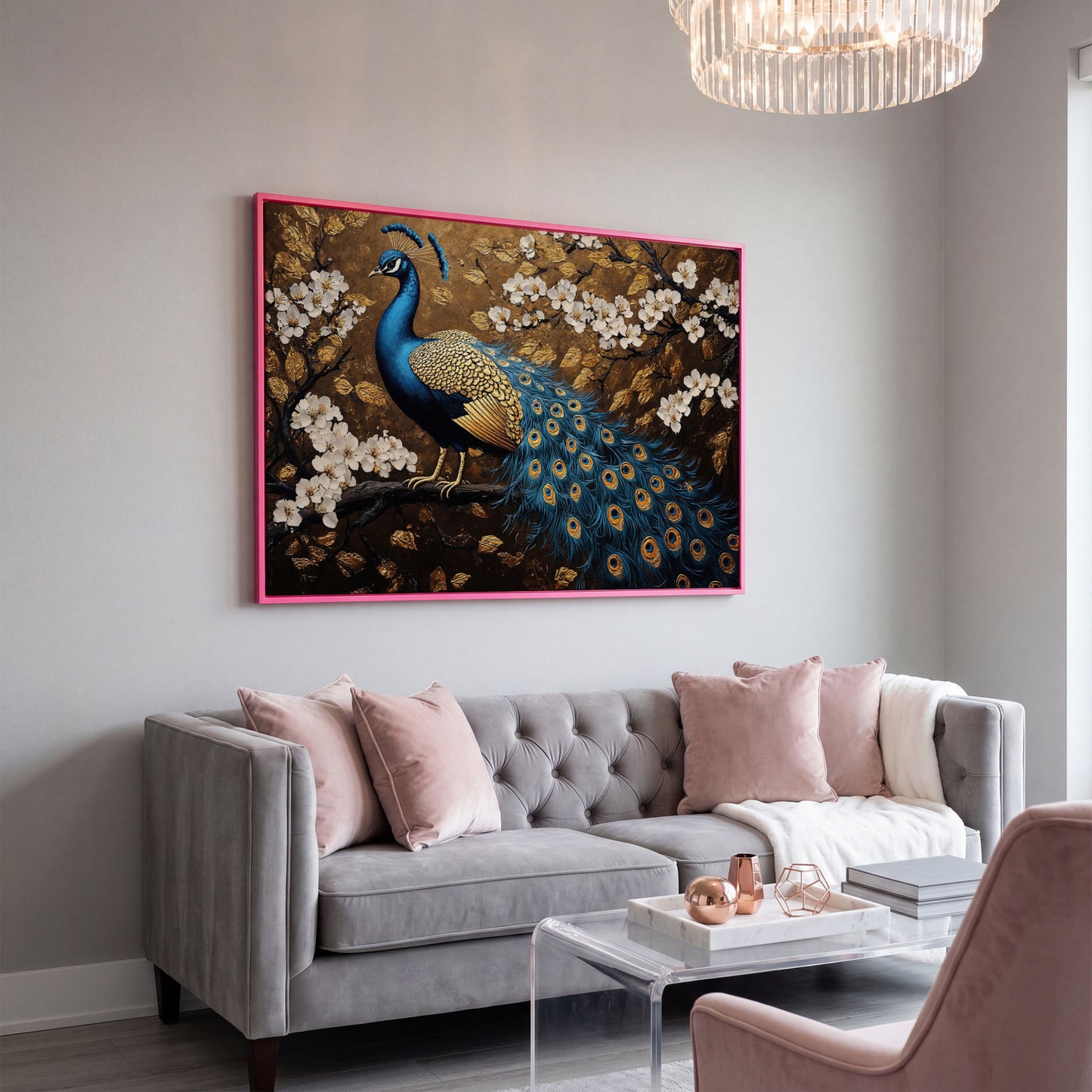 Peacock on Branch with Cherry Blossoms Canvas in pink floating frame