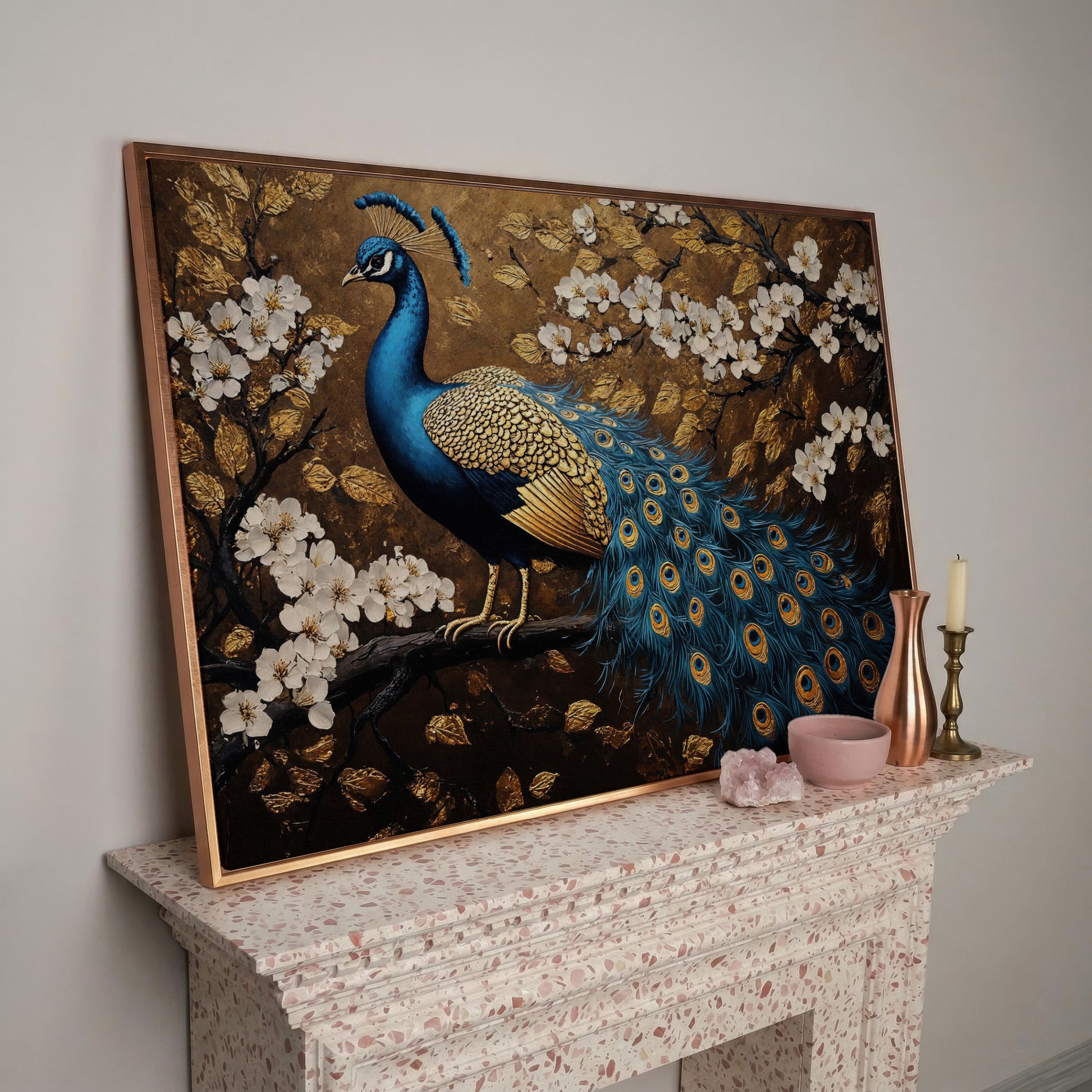Peacock on Branch with Cherry Blossoms Canvas in rose gold floating frame