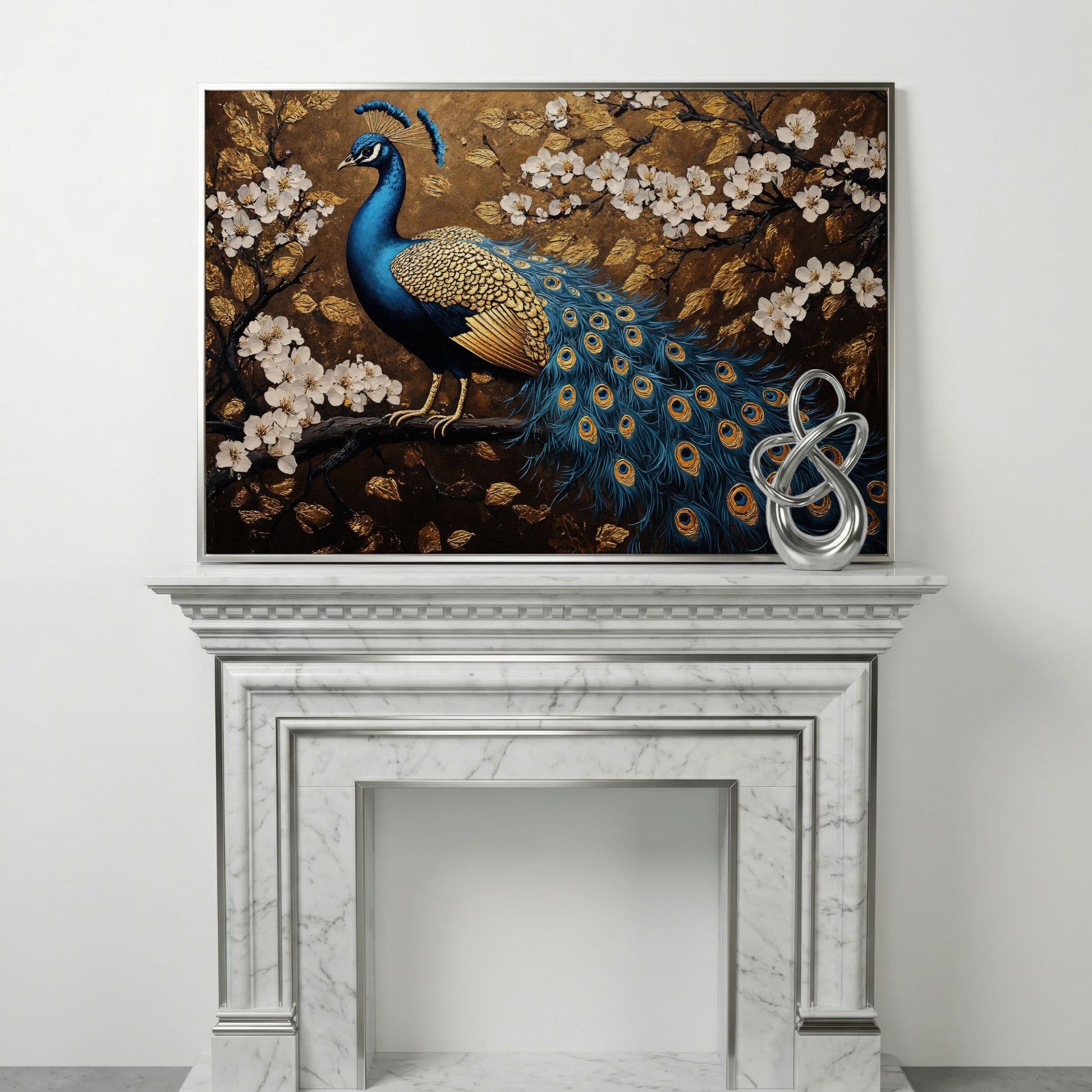 Peacock on Branch with Cherry Blossoms Canvas in silver floating frame