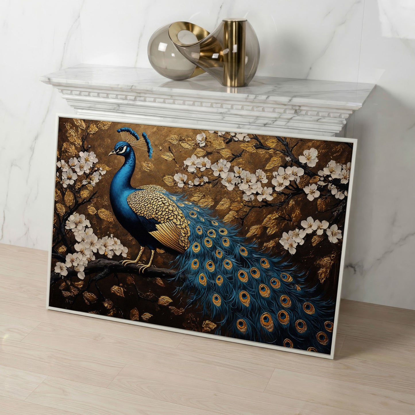 Peacock on Branch with Cherry Blossoms Canvas in white floating frame