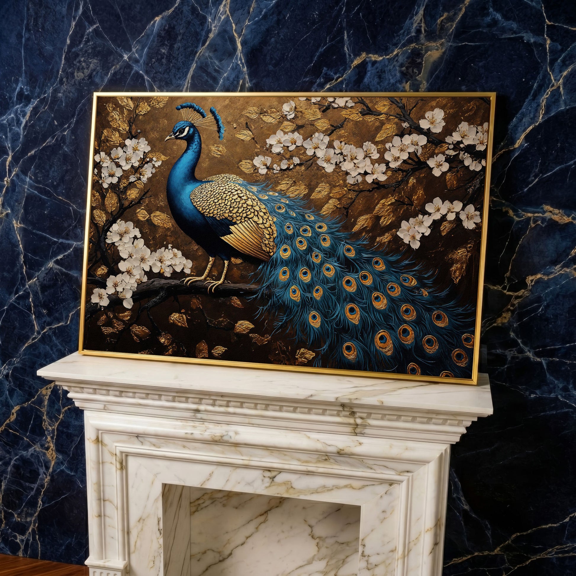 Peacock on Branch with Cherry Blossoms Canvas in yellow gold floating frame