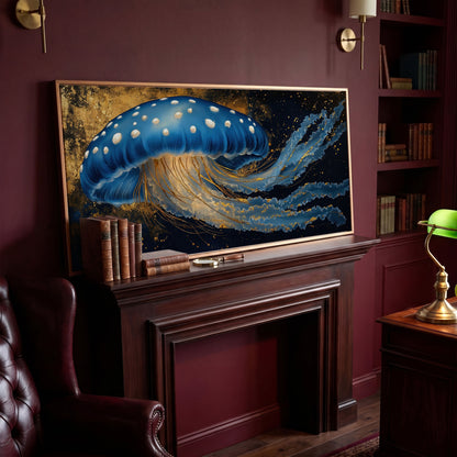 Blue Jellyfish Canvas Print with Bioluminescent Glow in antique gold floating frame