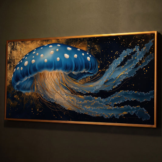 Blue Jellyfish Canvas Print with Bioluminescent Glow shown in antique gold floating frame