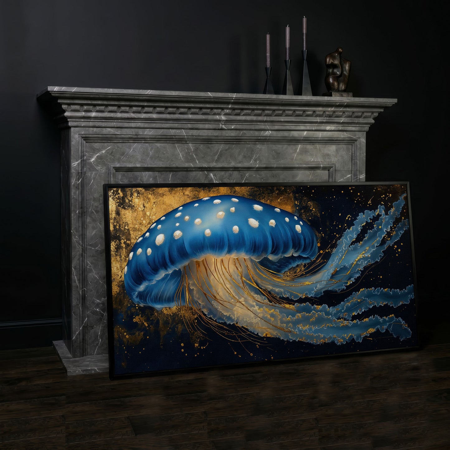 Blue Jellyfish Canvas Print with Bioluminescent Glow in black floating frame