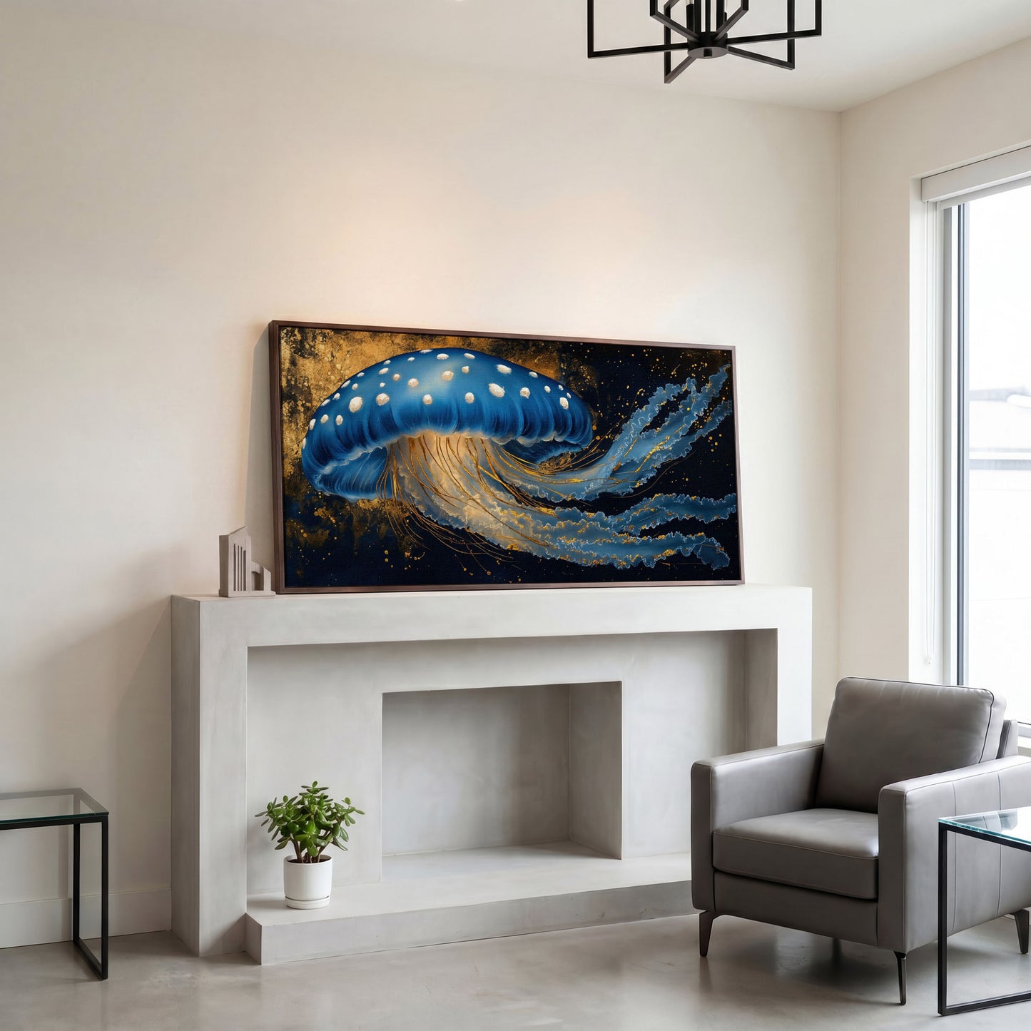Blue Jellyfish Canvas Print with Bioluminescent Glow in dark walnut floating frame