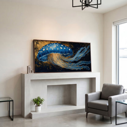 Blue Jellyfish Canvas Print with Bioluminescent Glow in dark walnut floating frame