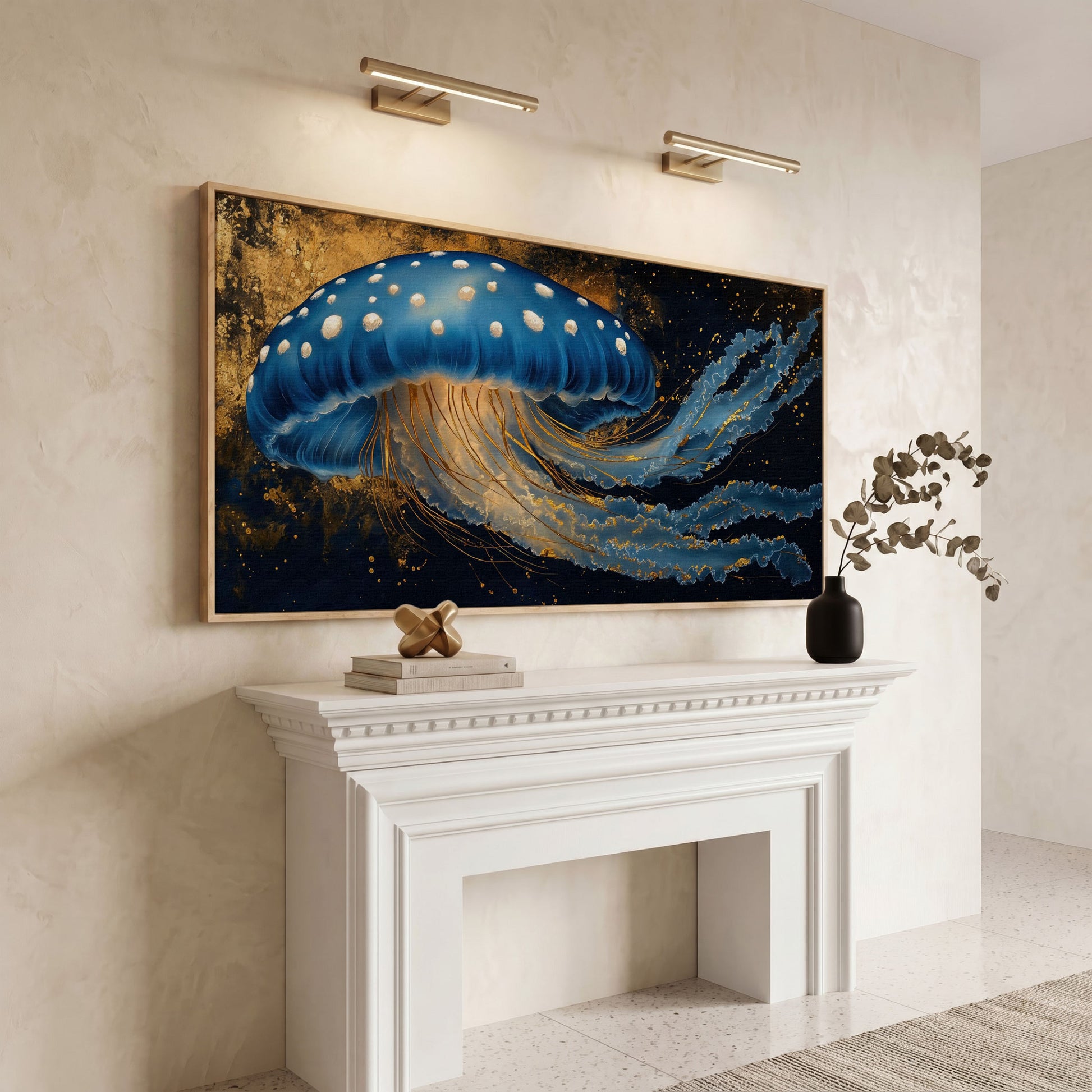 Blue Jellyfish Canvas Print with Bioluminescent Glow in white oak floating frame