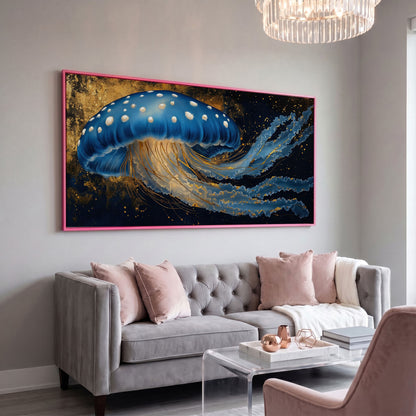 Blue Jellyfish Canvas Print with Bioluminescent Glow in pink floating frame