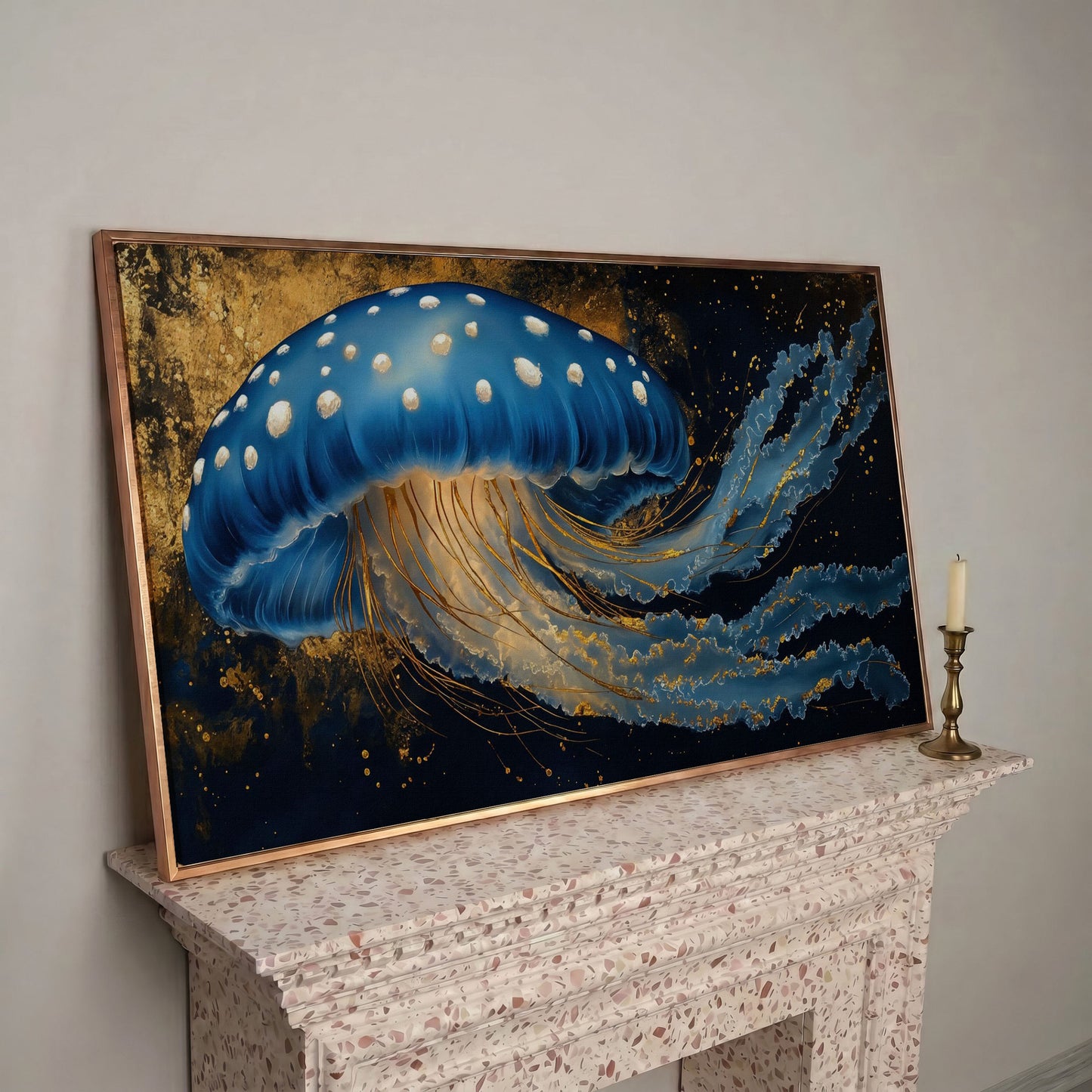 Blue Jellyfish Canvas Print with Bioluminescent Glow in rose gold floating frame