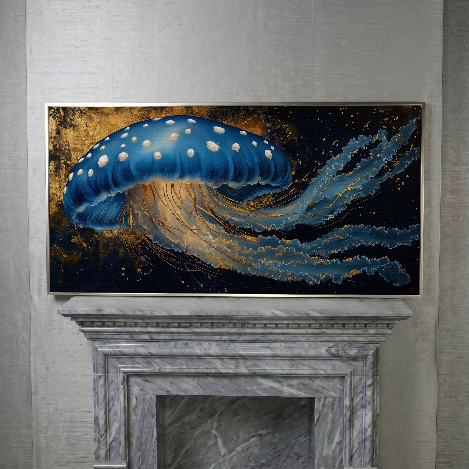 Blue Jellyfish Canvas Print with Bioluminescent Glow in silver floating frame