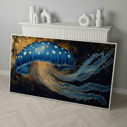 Blue Jellyfish Canvas Print with Bioluminescent Glow in white floating frame