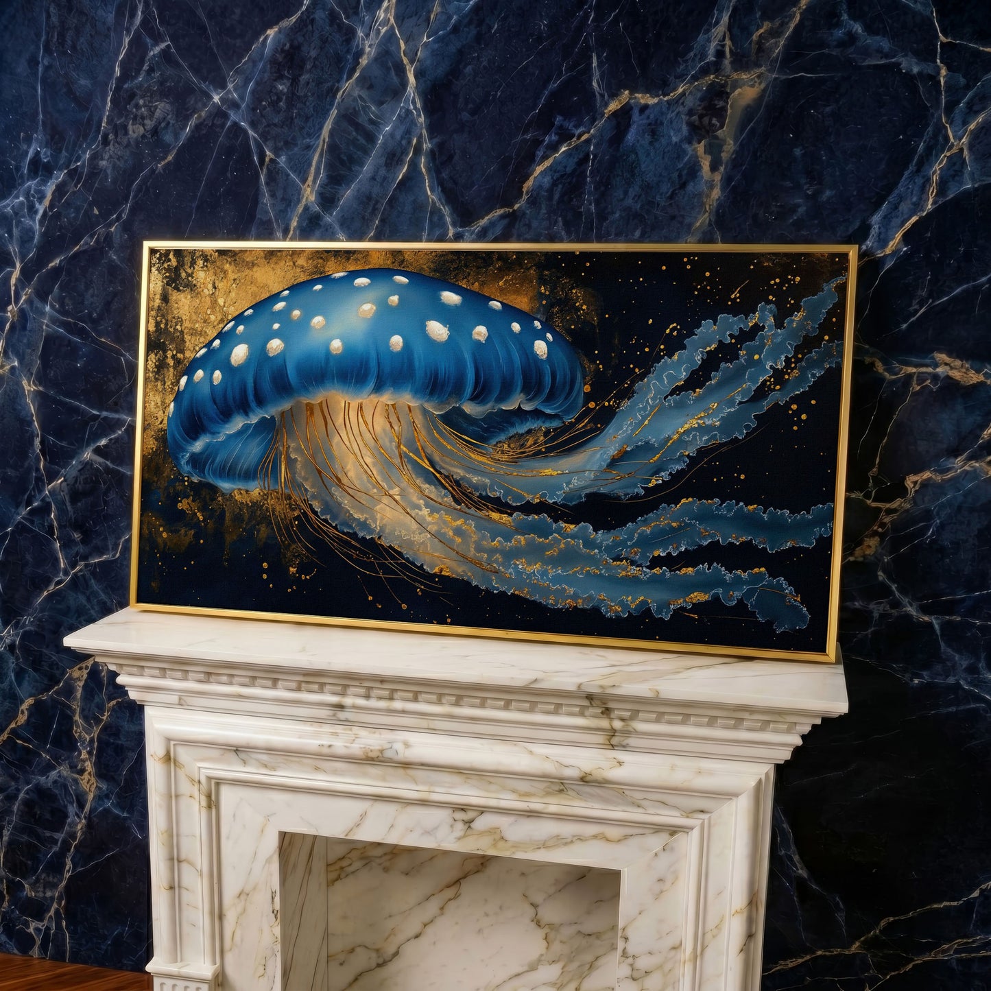 Blue Jellyfish Canvas Print with Bioluminescent Glow in yellow gold floating frame