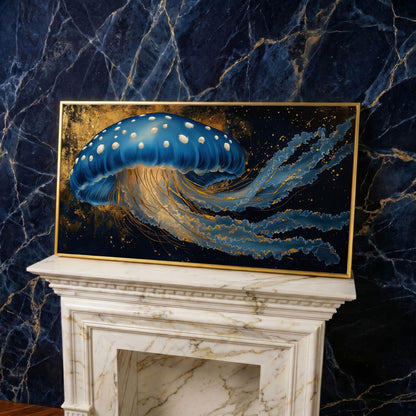 Blue Jellyfish Canvas Print with Bioluminescent Glow in yellow gold floating frame