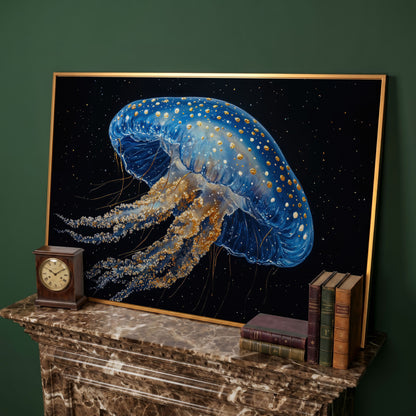 Blue Jellyfish with Gold Spots Canvas Art in antique gold floating frame