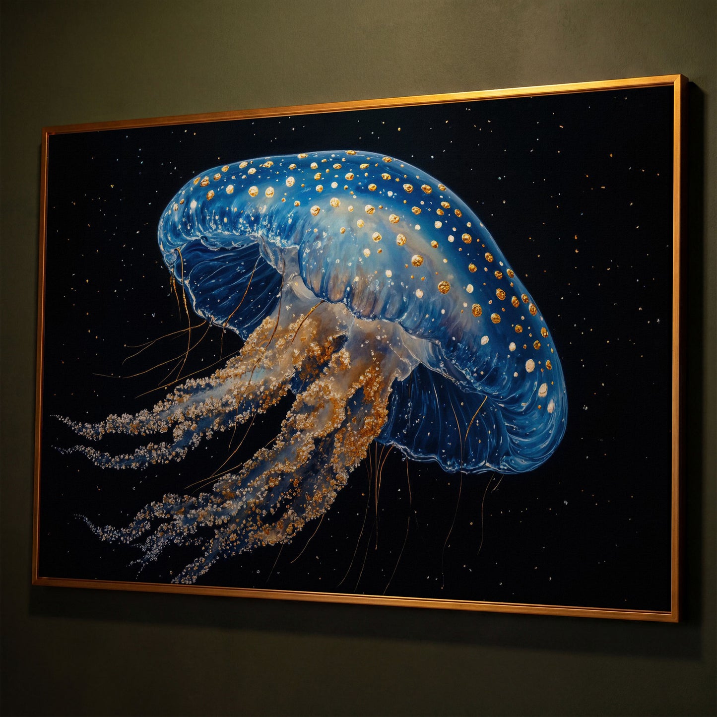Blue Jellyfish with Gold Spots Canvas Art shown in antique gold floating frame