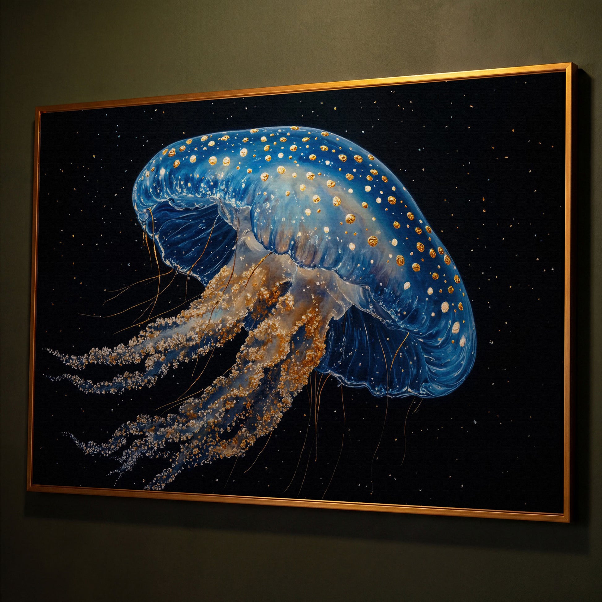 Blue Jellyfish with Gold Spots Canvas Art shown in antique gold floating frame