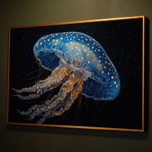 Blue Jellyfish with Gold Spots Canvas Art shown in antique gold floating frame