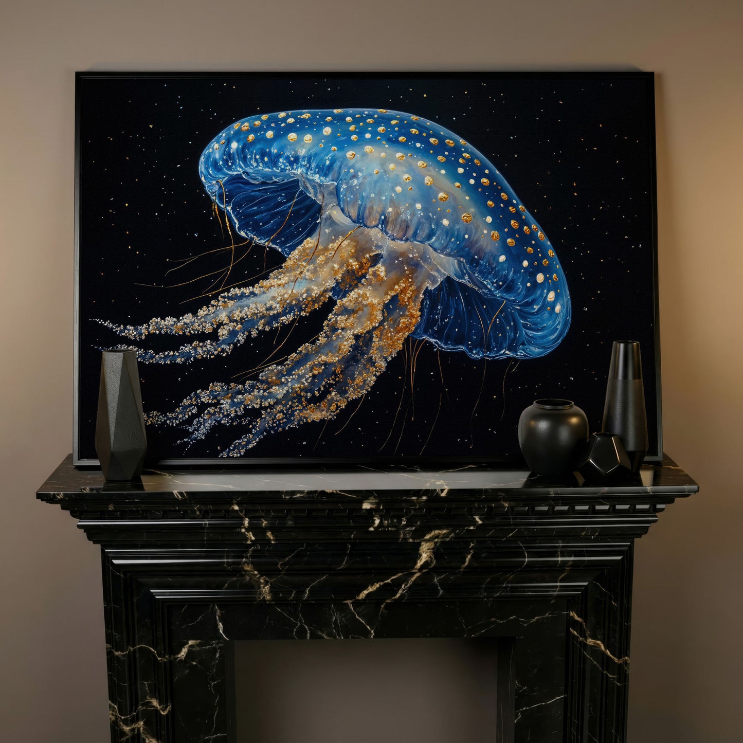 Blue Jellyfish with Gold Spots Canvas Art in black floating frame