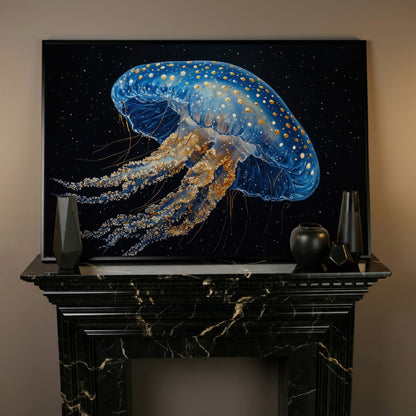 Blue Jellyfish with Gold Spots Canvas Art in black floating frame