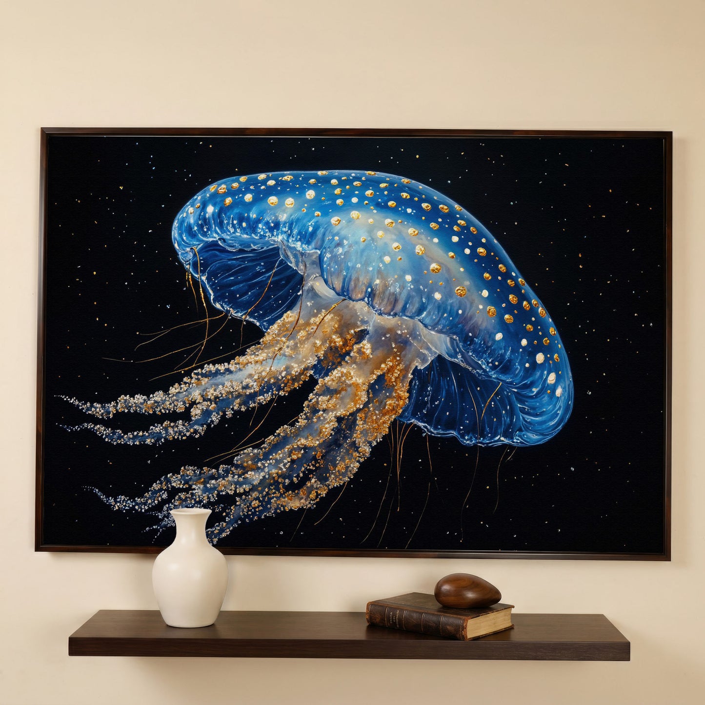 Blue Jellyfish with Gold Spots Canvas Art in dark walnut floating frame
