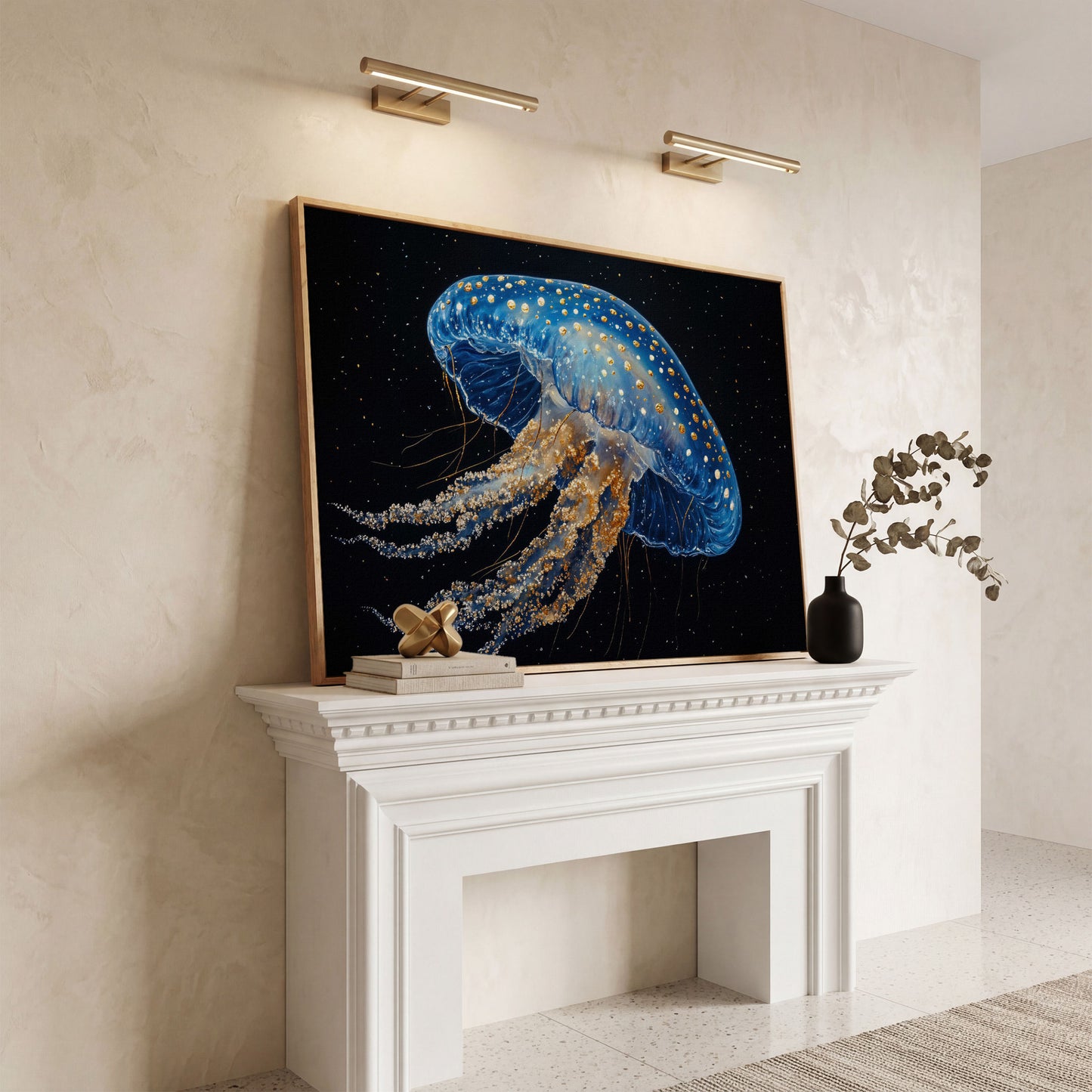 Blue Jellyfish with Gold Spots Canvas Art in white oak floating frame
