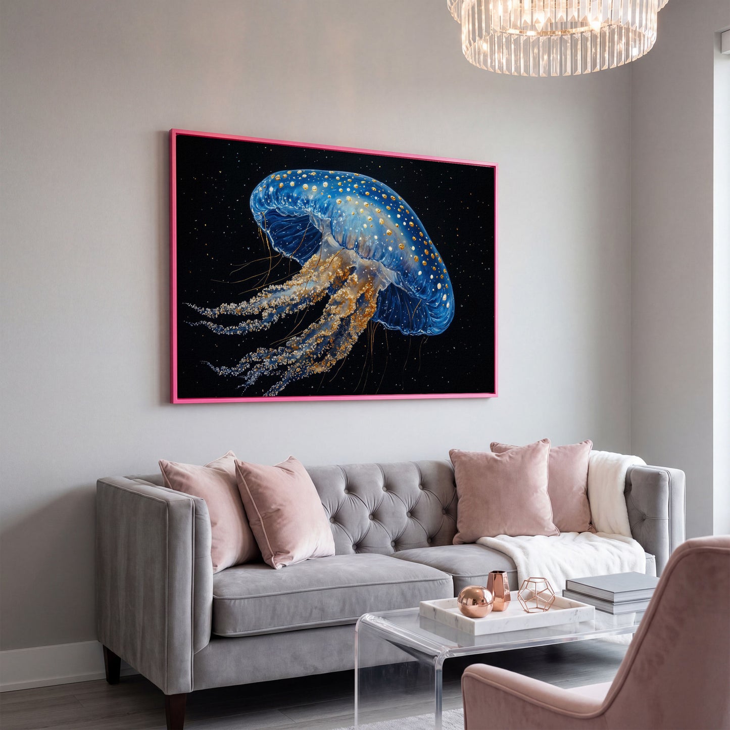 Blue Jellyfish with Gold Spots Canvas Art in pink floating frame