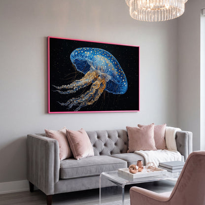 Blue Jellyfish with Gold Spots Canvas Art in pink floating frame
