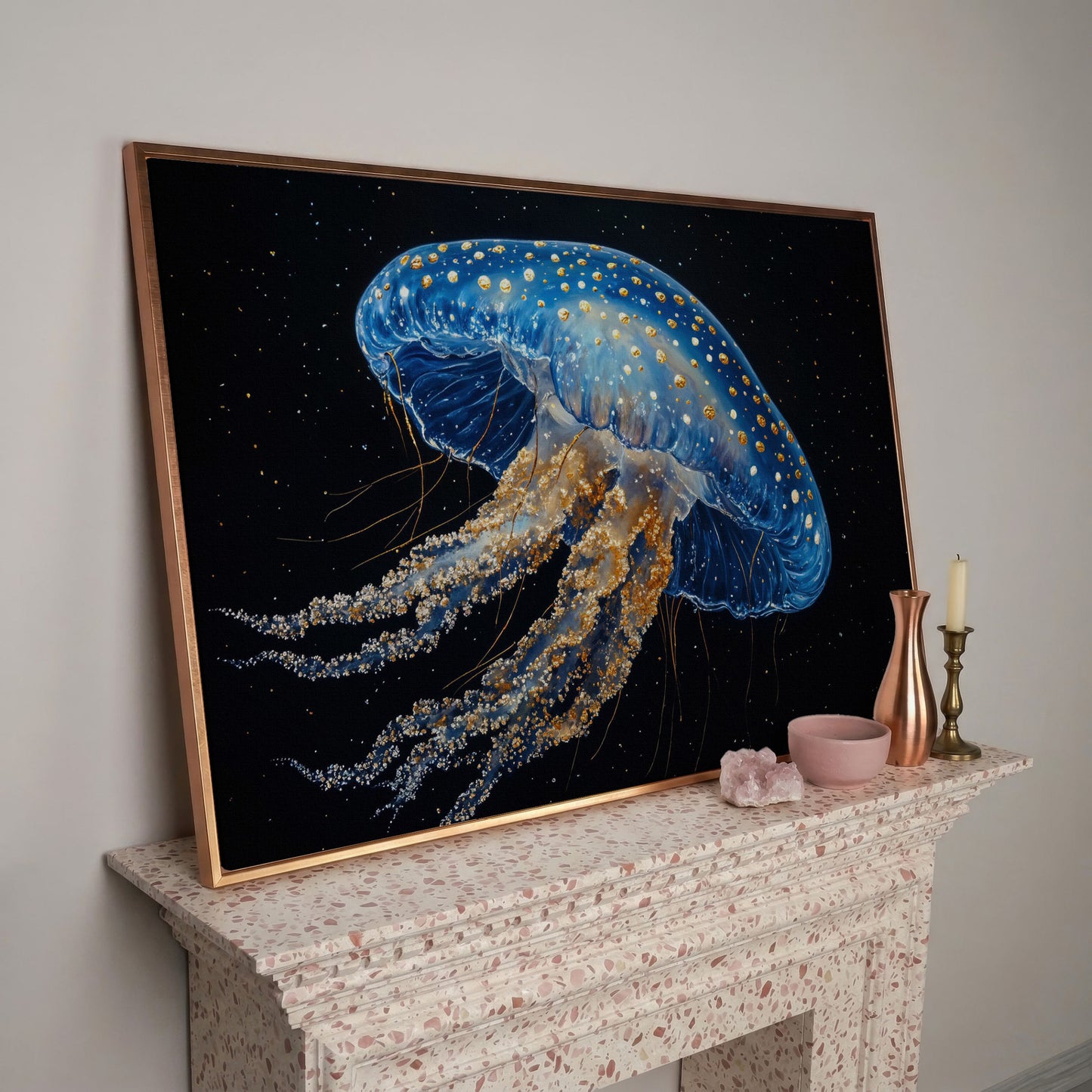 Blue Jellyfish with Gold Spots Canvas Art in rose gold floating frame