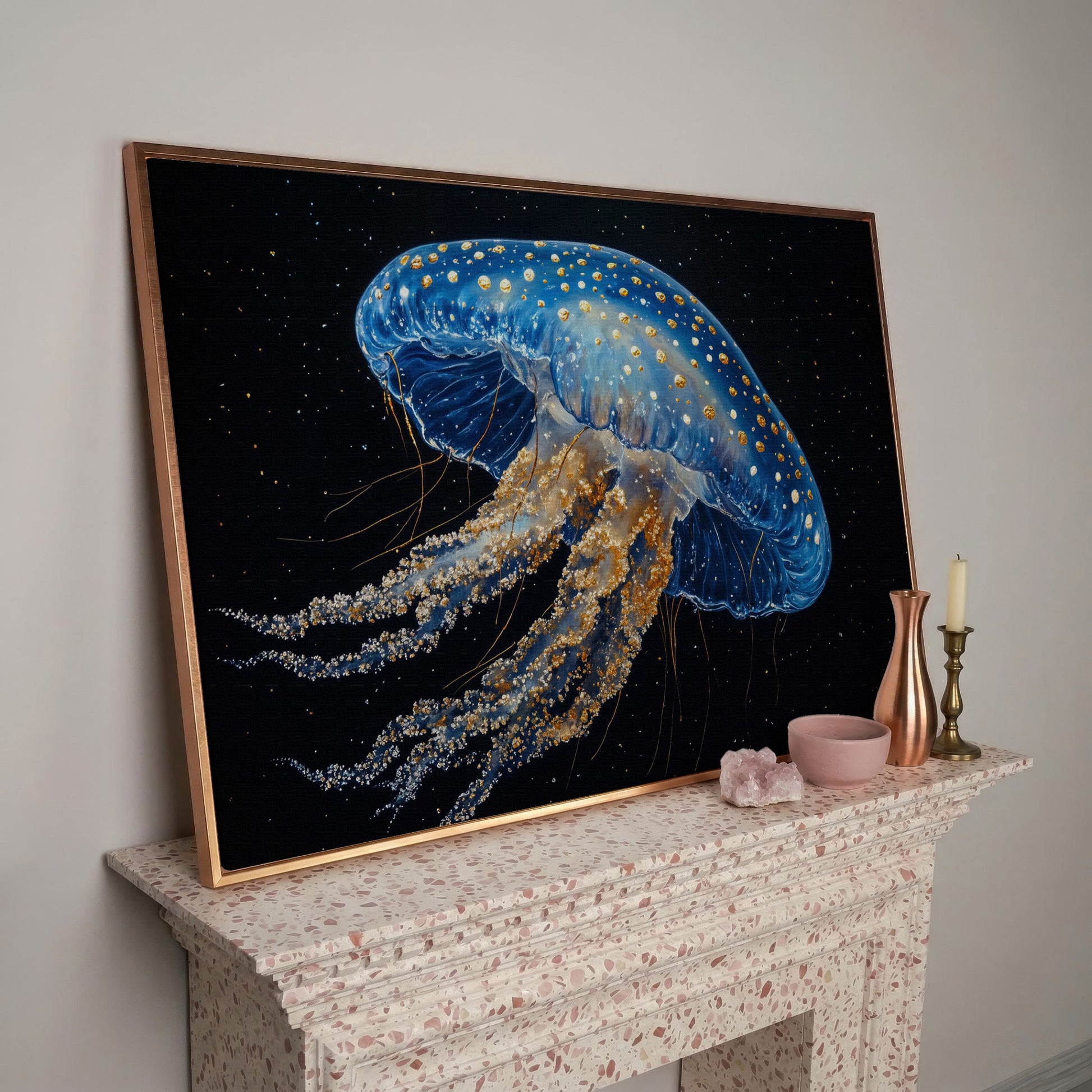 Blue Jellyfish with Gold Spots Canvas Art in rose gold floating frame