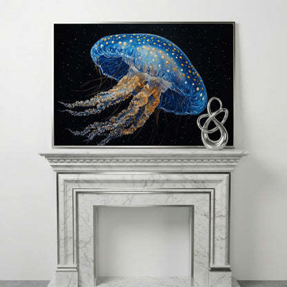Blue Jellyfish with Gold Spots Canvas Art in silver floating frame