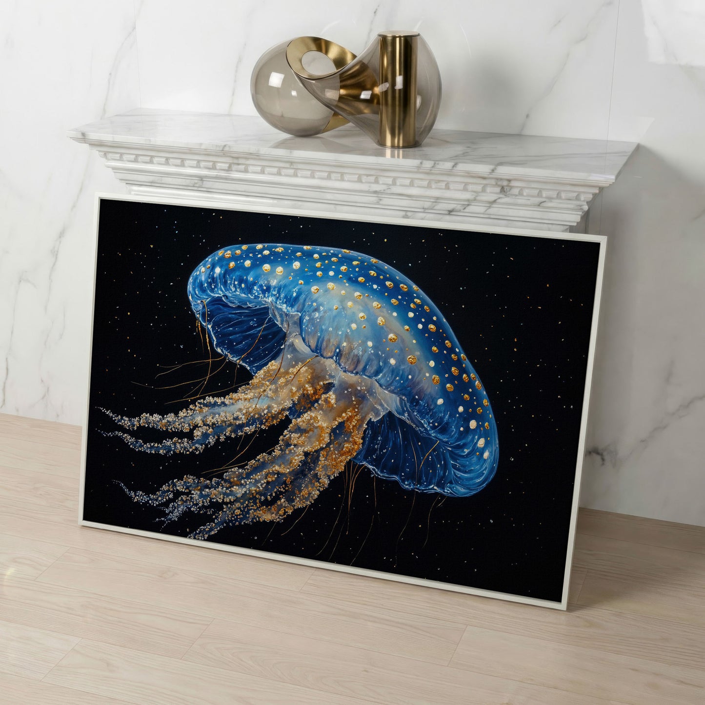 Blue Jellyfish with Gold Spots Canvas Art in white floating frame