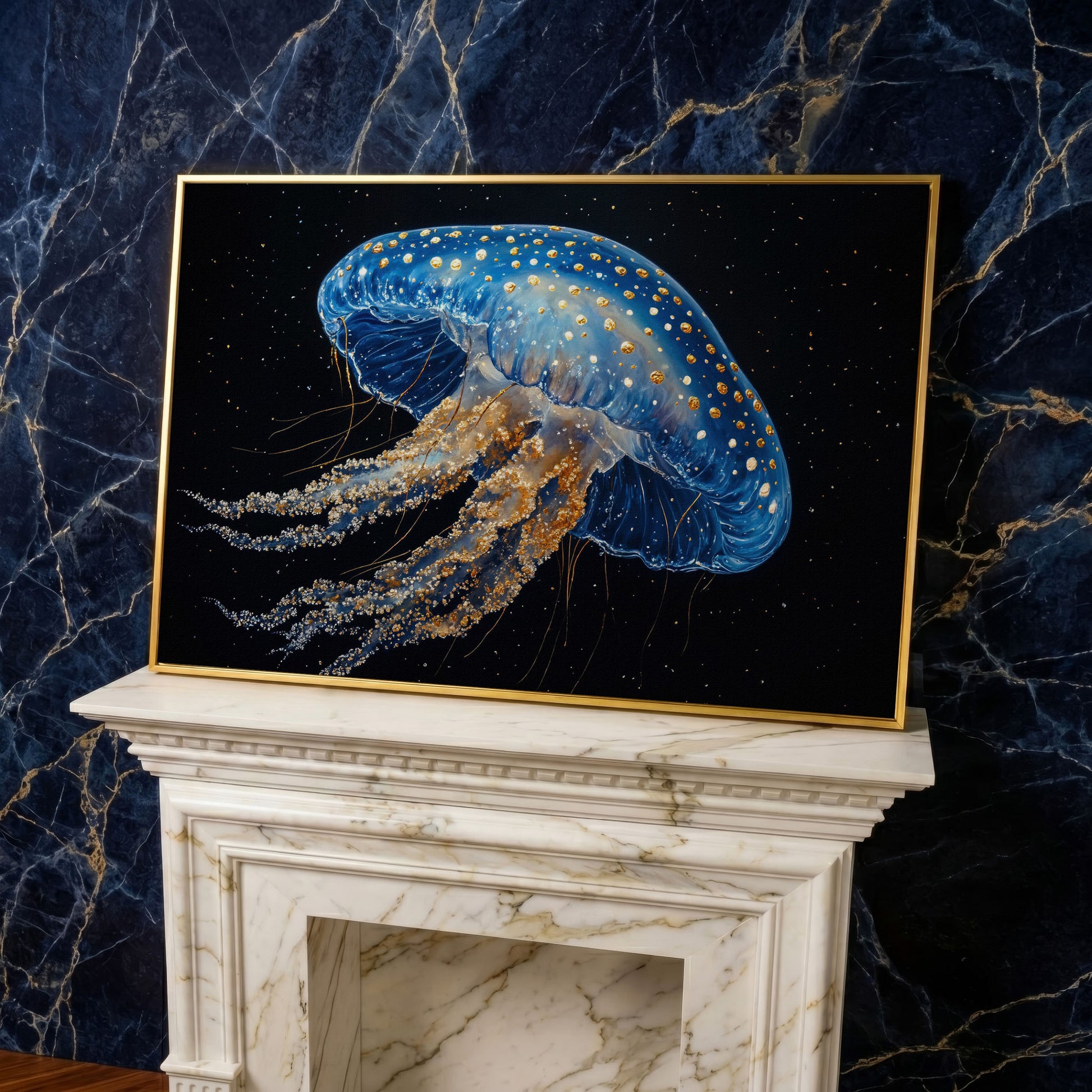 Blue Jellyfish with Gold Spots Canvas Art in yellow gold floating frame
